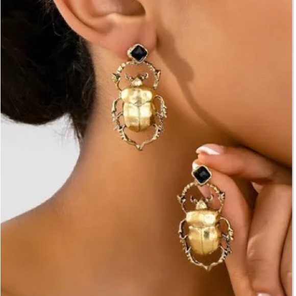 Gold Beatle Insect Earrings - Picture 5 of 14